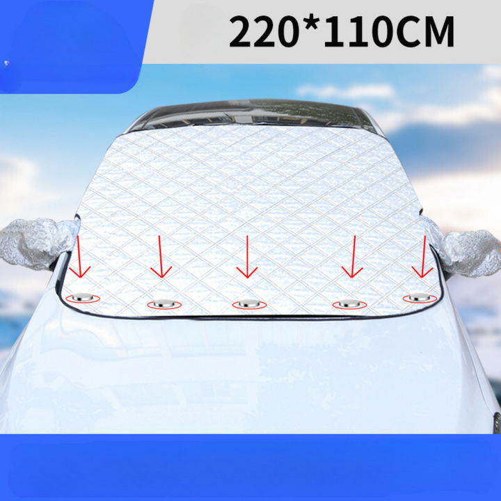 "Magnetische Windschutzscheibenabdeckung schützt Auto vor Schnee und Eis, mit starken Magnetkanten, vielseitig einsetzbar."