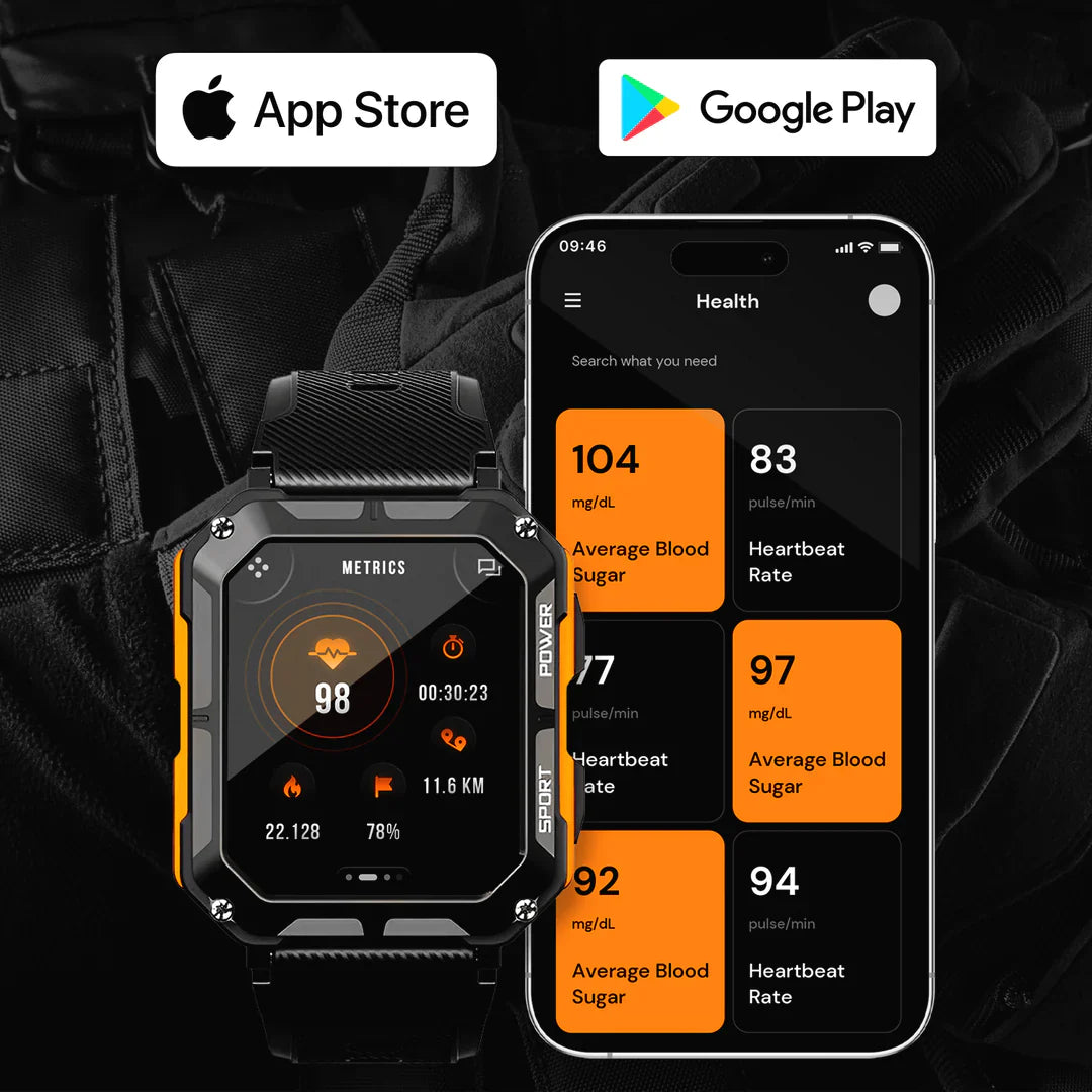 Militär-Smartwatch mit Metalllünette, robustem Design, Gorilla Glass und Gesundheitsüberwachung in wilder Umgebung.