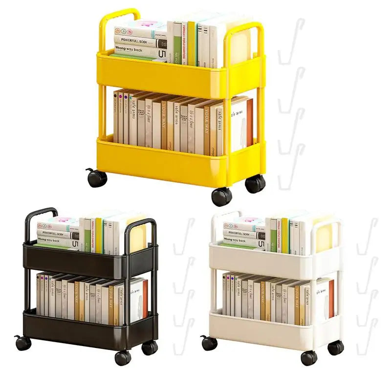 Mobiler Bücherwagen mit 2 Etagen, Rädern und Stifthalter, ideal für kleine Räume, aus robustem Material, einfach zu bewegen.