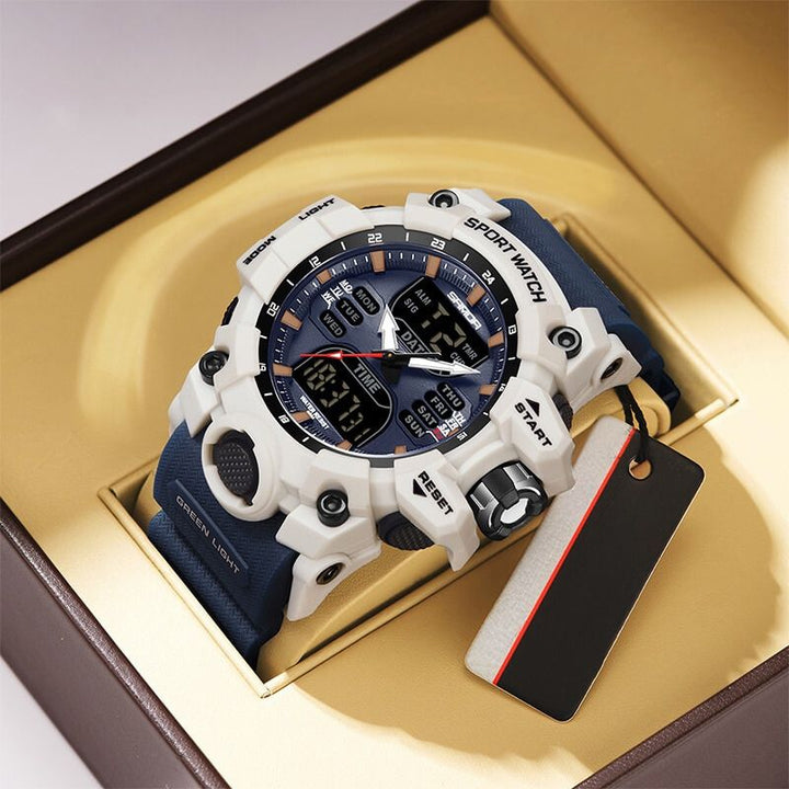 Moderne Herren-Sportuhr mit LED-Display, wasserdicht, in Grau, ideal für Fitness-Tracking und stilvolle Abenteurer.