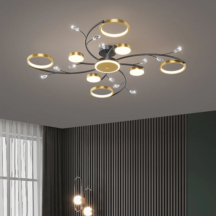 "Moderne LED-Deckenleuchte, dimmbar, in elegantem Gold-Schwarz, für stilvolles Ambiente in Schlafzimmer und Esszimmer."