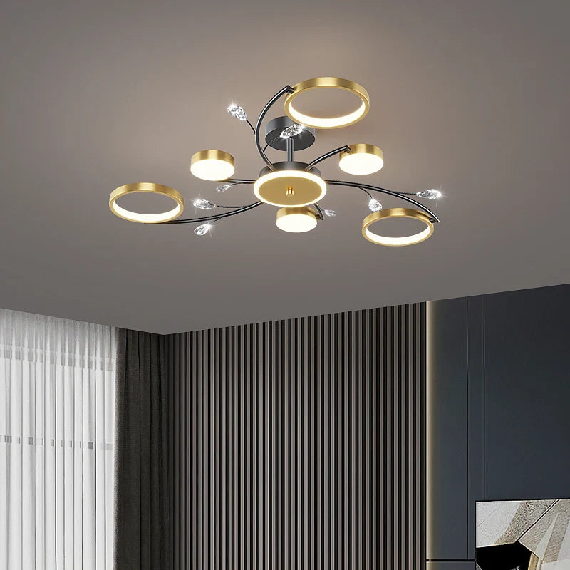 "Moderne LED-Deckenleuchte, dimmbar, in elegantem Gold-Schwarz, für stilvolles Ambiente in Schlafzimmer und Esszimmer."