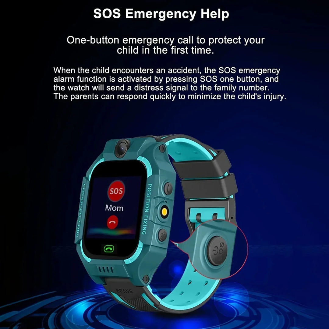 "Moderner Kinder-GPS-Uhr mit blau-lila Armband, Echtzeitverfolgung, Telefonfunktion und Sicherheitszonen."