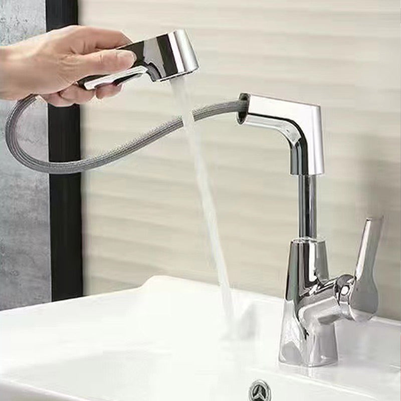 Moderner Wasserhahn mit herausziehbarem Sprühkopf, 1-Loch-Design, drehbarer Auslauf, glänzendes Finish für Bad.