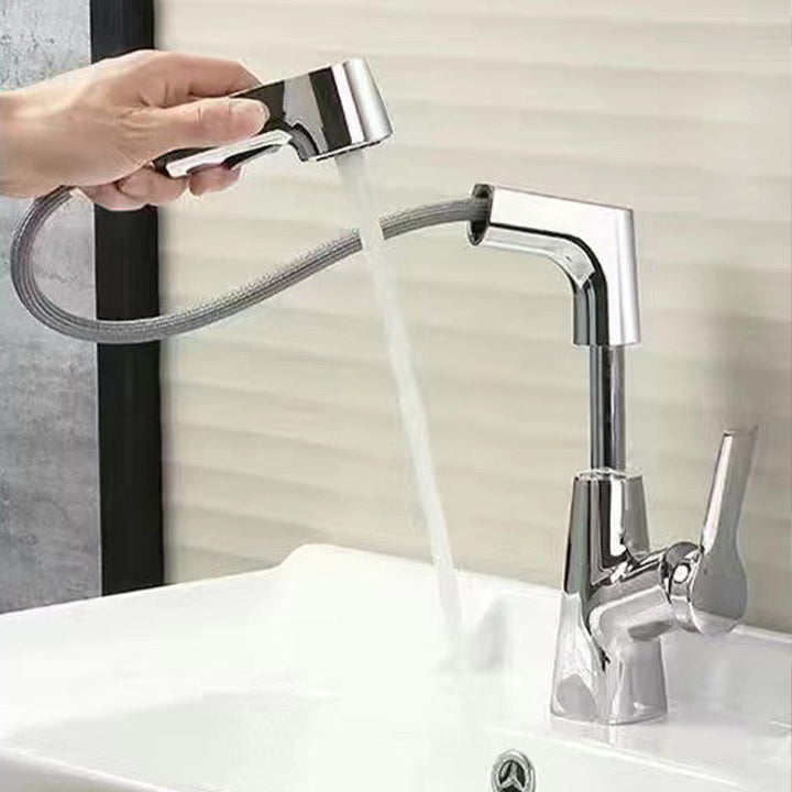 Moderner Wasserhahn mit herausziehbarem Sprühkopf, 1-Loch-Design, drehbarer Auslauf, glänzendes Finish für Bad.