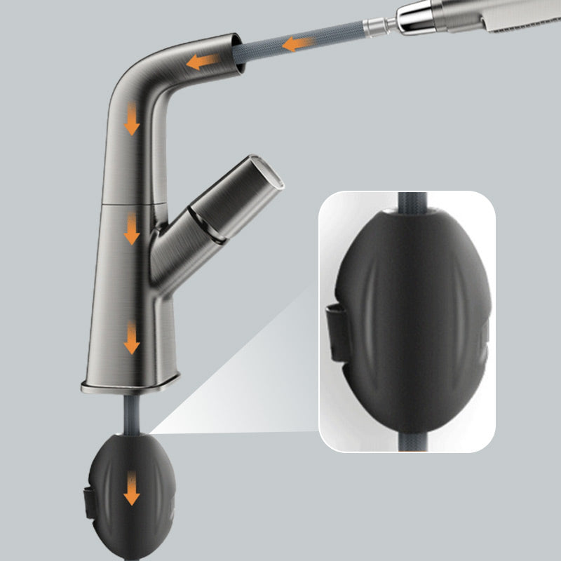 Moderner Wasserhahn mit herausziehbarem Sprühkopf, 1-Loch-Design, drehbarer Auslauf, glänzendes Finish für Bad.