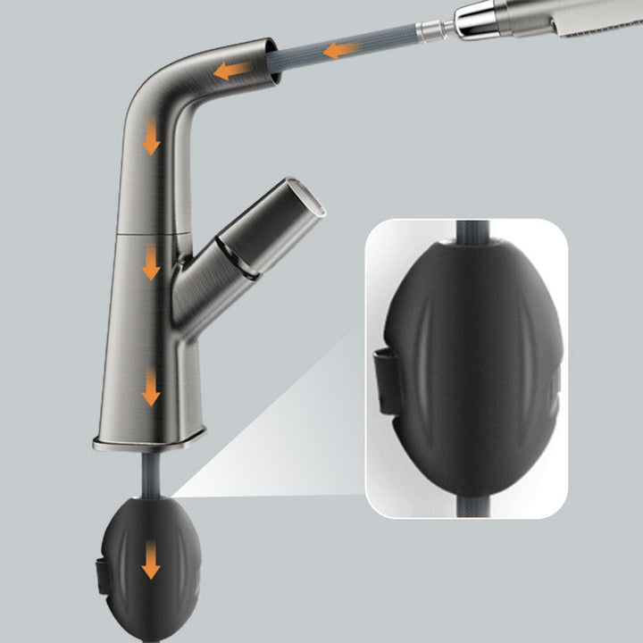 Moderner Wasserhahn mit herausziehbarem Sprühkopf, 1-Loch-Design, drehbarer Auslauf, glänzendes Finish für Bad.