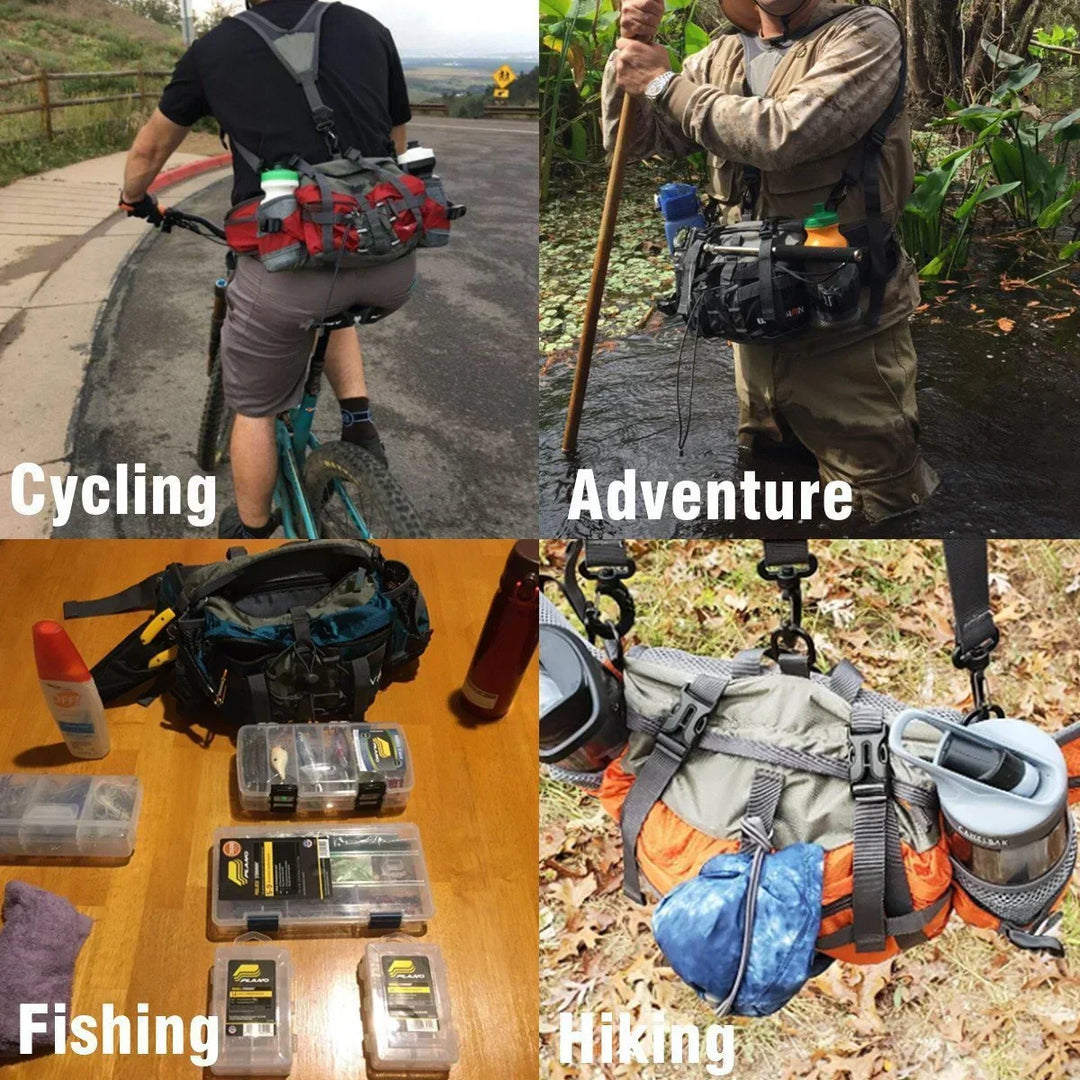 Multifunktionale Outdoor-Gürteltasche, ultraleicht, vielseitig, mit mehreren Fächern und verstellbaren Trageriemen.