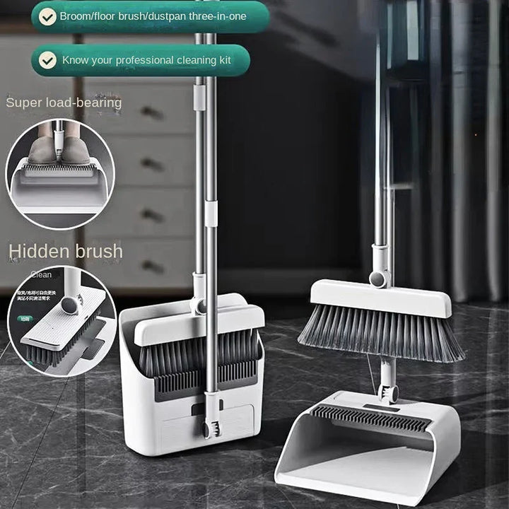 "Multifunktionales 3-in-1 Besen- und Kehrblech-Set, ergonomisch, langlebig, mit integriertem Besen, Bürste und Kehrblech."