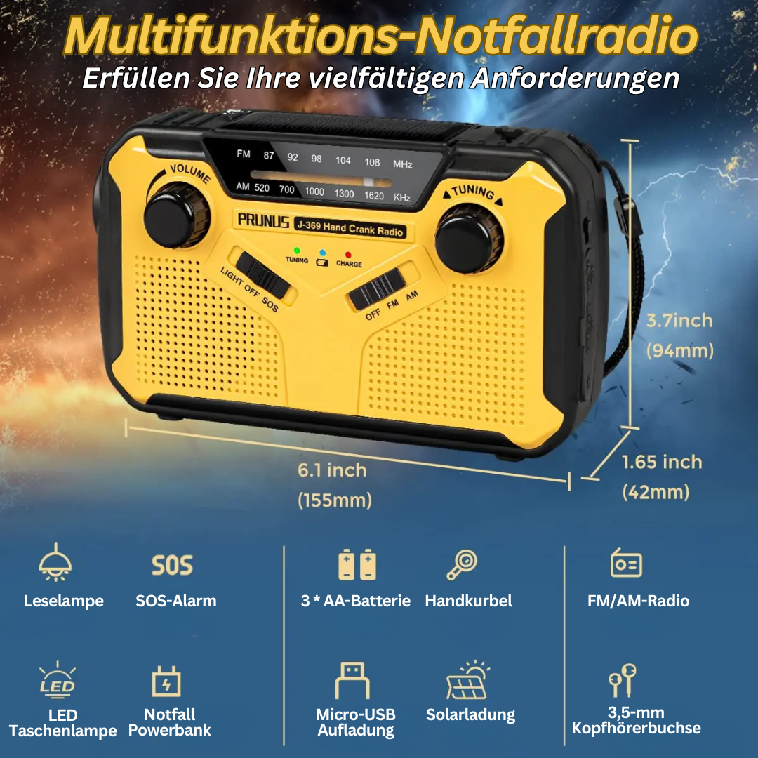 Multifunktionales Notfallradio mit Taschenlampe, Powerbank und SOS-Alarm, kompaktes Design für Outdoor-Abenteuer.