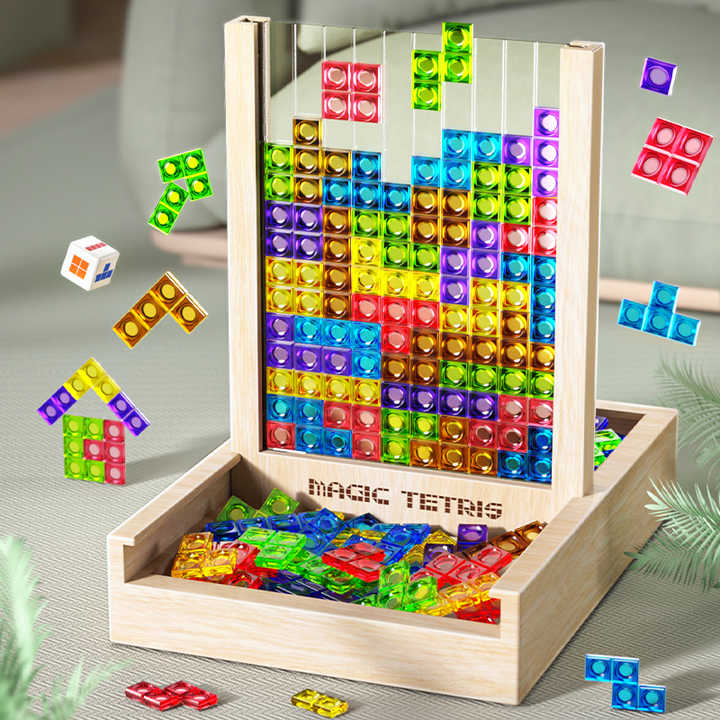 "Nachhaltiges Holz Tetris Puzzle mit bunten Steinen fördert logisches Denken und Feinmotorik bei Kindern und Erwachsenen."