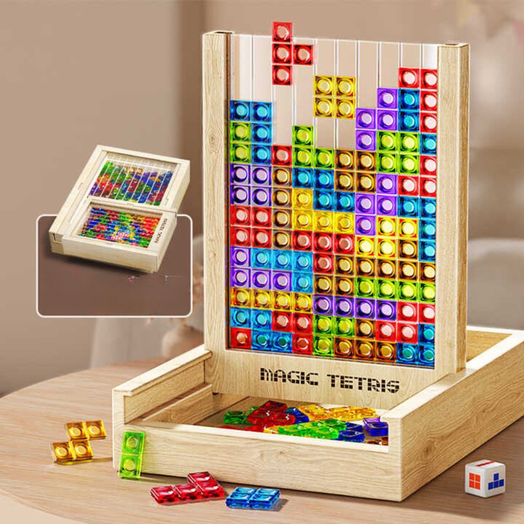 "Nachhaltiges Holz Tetris Puzzle mit bunten Steinen fördert logisches Denken und Feinmotorik bei Kindern und Erwachsenen."