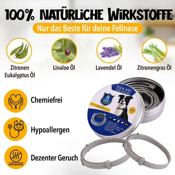 Natürlicher Zecken- und Flohschutz, NaturaGuard Halsband für Hunde, grün, anpassbar, chemiefrei, bequem und wasserdicht.