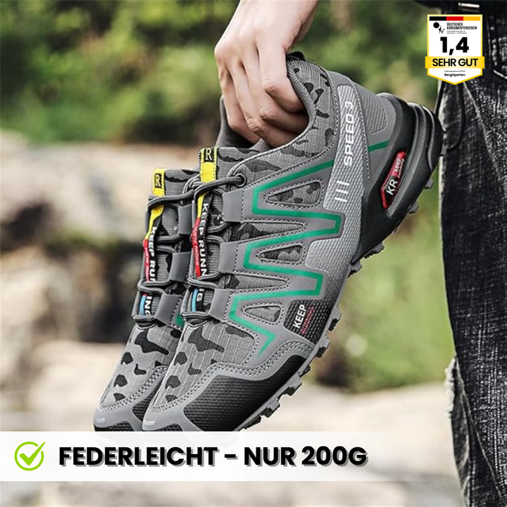 Orthopädische Wanderschuhe mit rutschfester Sohle und breitem Zehenraum, ideal für Komfort und Stabilität beim Wandern.