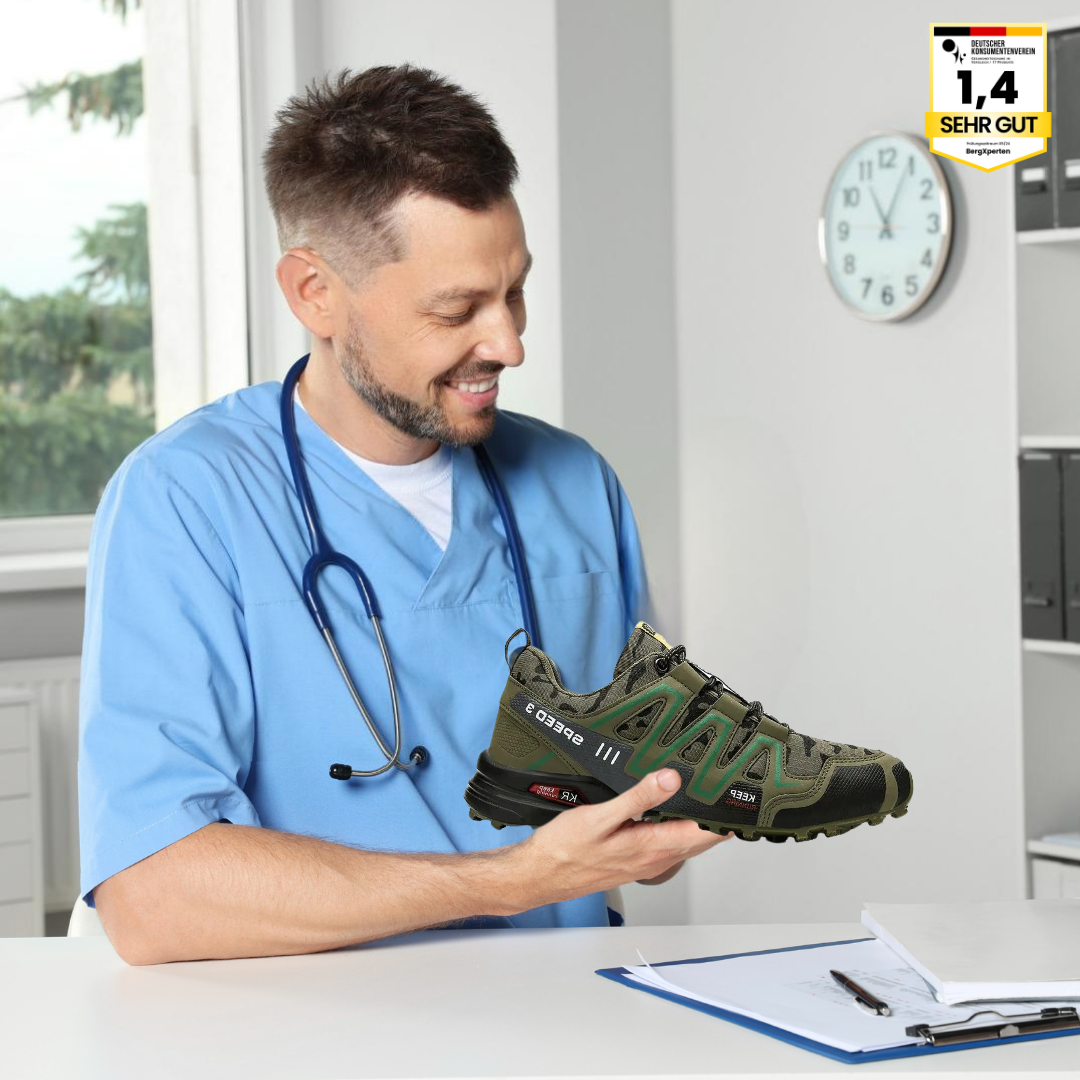 Orthopädische Wanderschuhe mit rutschfester Sohle und breitem Zehenraum, ideal für Komfort und Stabilität beim Wandern.