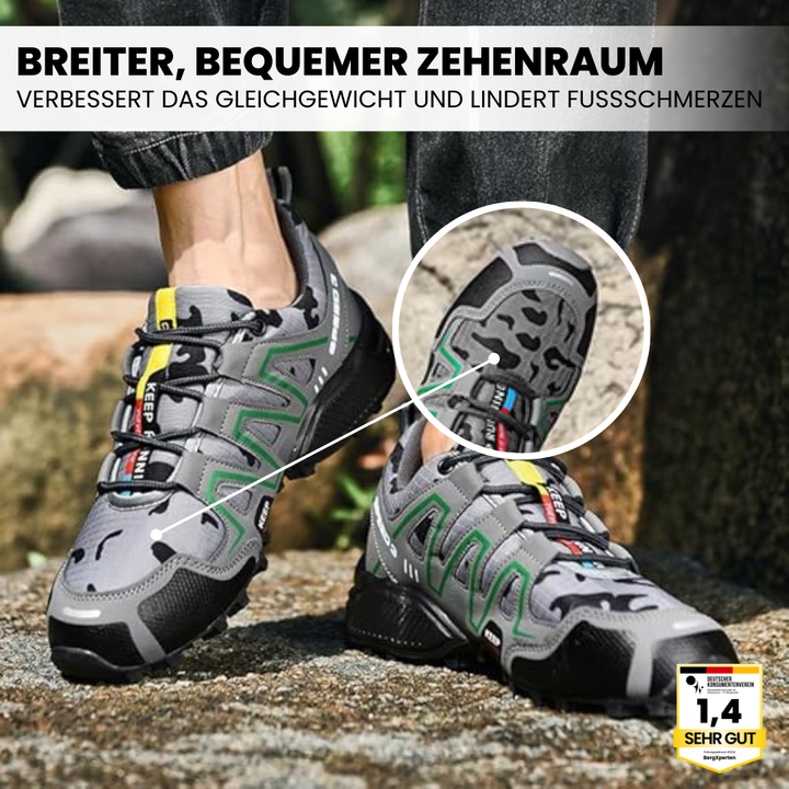 Orthopädische Wanderschuhe mit rutschfester Sohle und breitem Zehenraum, ideal für Komfort und Stabilität beim Wandern.
