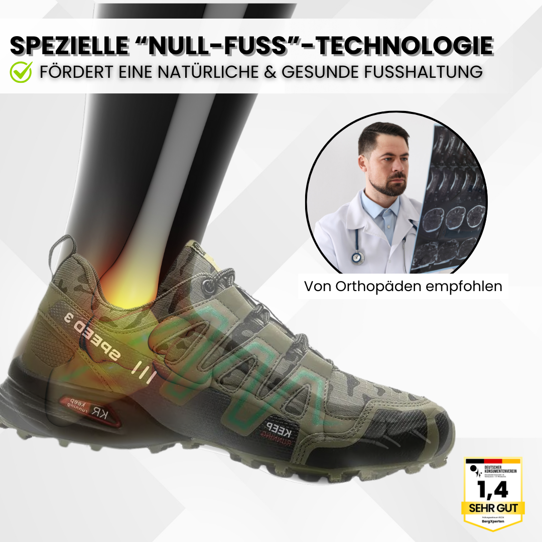 Orthopädische Wanderschuhe mit rutschfester Sohle und breitem Zehenraum, ideal für Komfort und Stabilität beim Wandern.