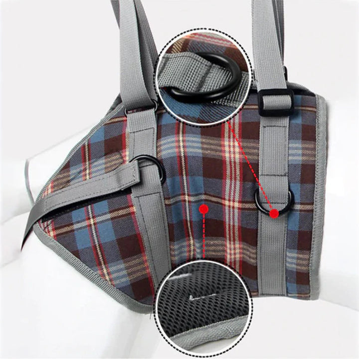 Orthopädischer Hundegurt, ergonomisch, bietet Unterstützung und Stabilität für Hunde-Hinterbeine, Detailaufnahme.
