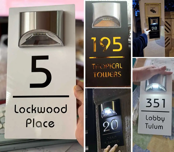 "Personalisierte Solar-LED-Hausnummer, wetterfest, energieeffizient, mit hellen LEDs und klarer Sichtbarkeit bei Nacht."