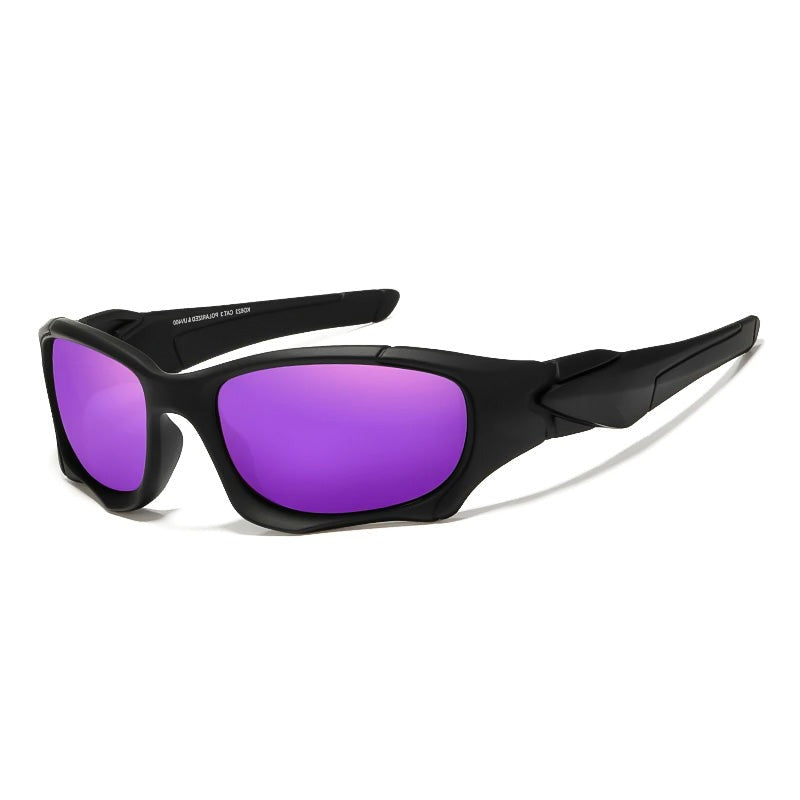 "Polarisierte Motorrad-Sonnenbrille, modernes Design, leichte Konstruktion, klare Sicht, Blendschutz, ergonomisch, lila Linse