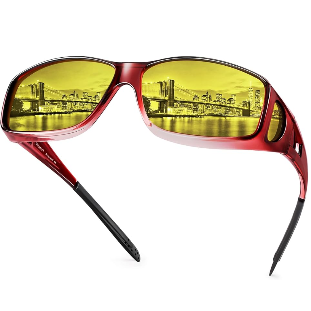 Polarisierte Nachtfahrbrille, gelbe Gläser, seitliche Ansicht; reduziert Blendung, ideal für sicheres Nachtfahren.