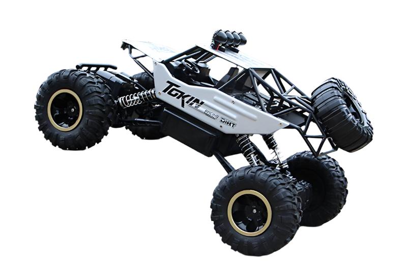 "RC-Monstertruck 4x4 in Aktion, robustes Design, stoßfeste Federung und Allradantrieb auf unwegsamem Gelände."