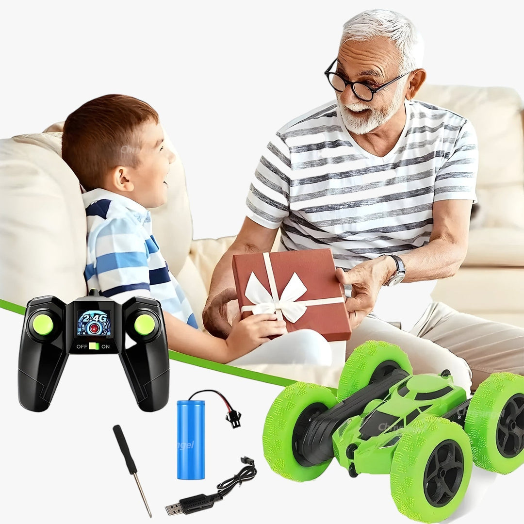 "RC-Stuntfahrzeug mit 360° Drehung und Flip-Funktion, geländetauglich, ideal für Kinder, in Blau mit robusten Gummireifen"