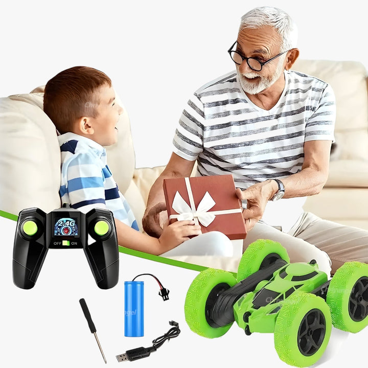 "RC-Stuntfahrzeug mit 360° Drehung und Flip-Funktion, geländetauglich, ideal für Kinder, in Blau mit robusten Gummireifen"