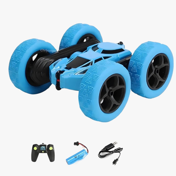 "RC-Stuntfahrzeug mit 360° Drehung und Flip-Funktion, geländetauglich, ideal für Kinder, in Blau mit robusten Gummireifen"