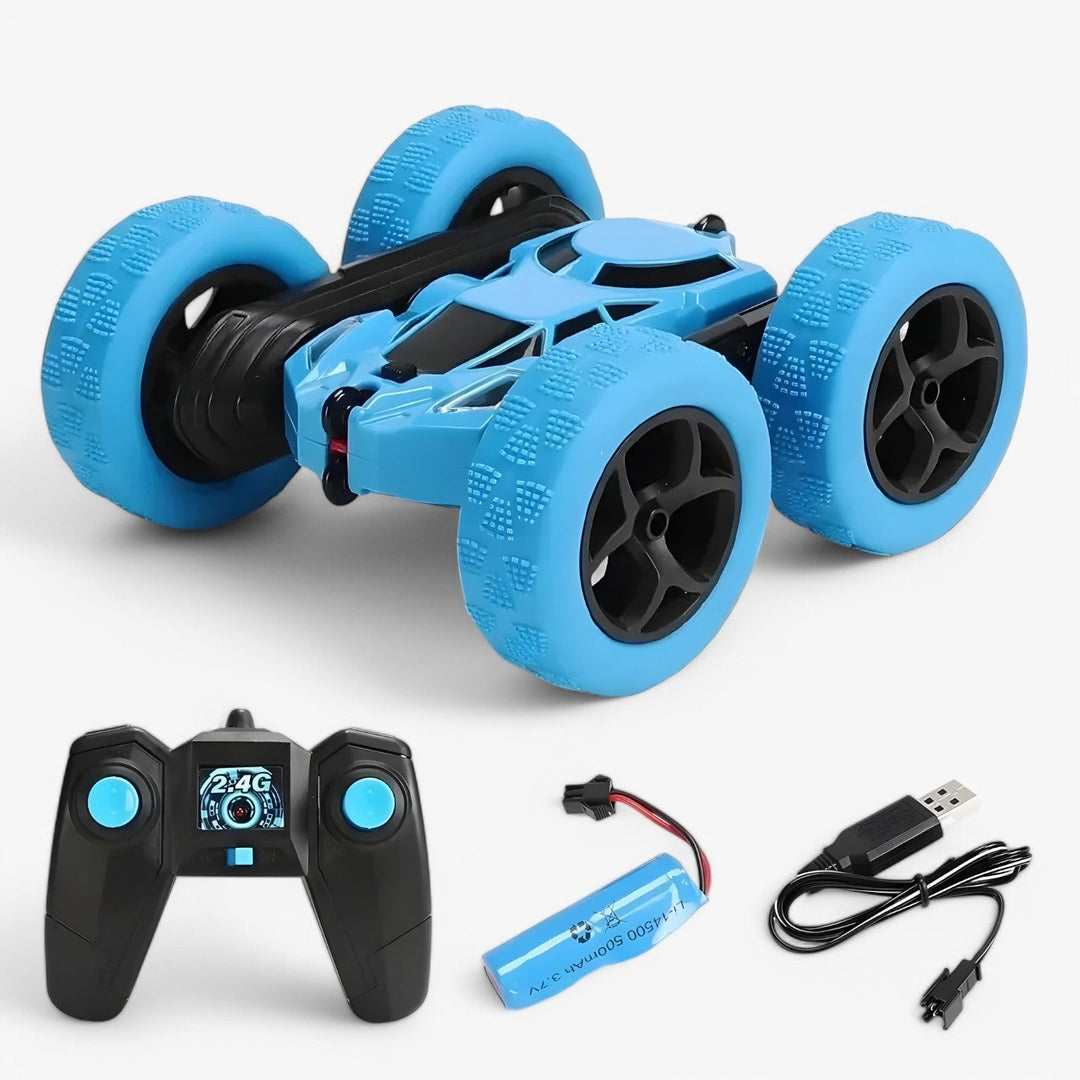 "RC-Stuntfahrzeug mit 360° Drehung und Flip-Funktion, geländetauglich, ideal für Kinder, in Blau mit robusten Gummireifen"