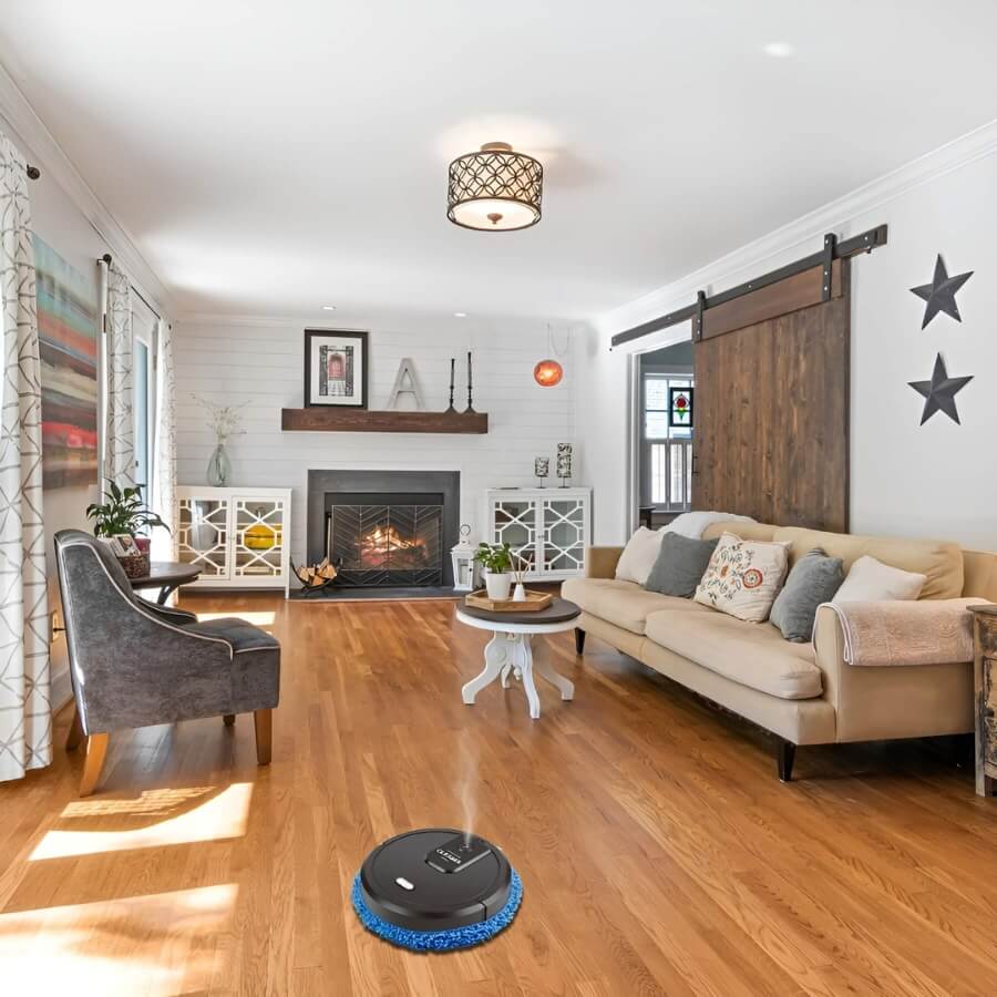 "Roboter-Wischmopp in Schwarz, Reiniger für Böden, kompakt und effizient, ideal für Teppiche und Hartböden zu Hause."