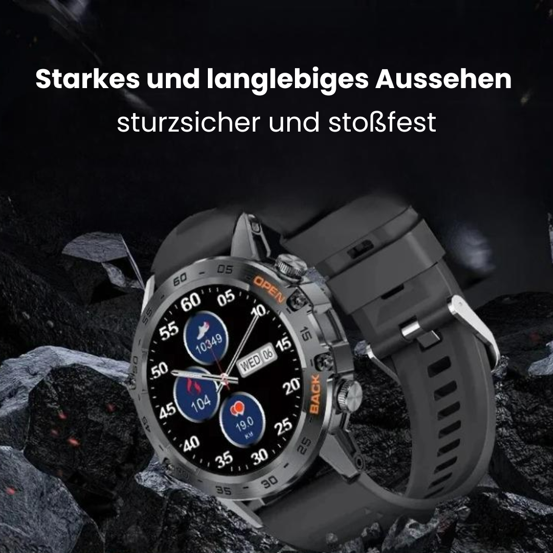 Robuste Militär-Gesundheitsuhr mit unkaputtbarem Display und Metallgehäuse, ideal für extreme Bedingungen und Sport.