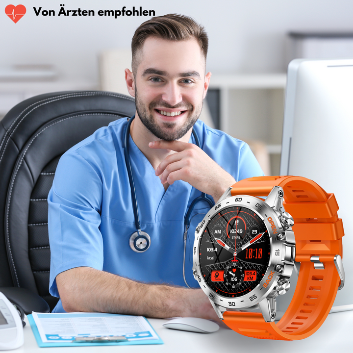 Robuste Militär-Gesundheitsuhr mit unkaputtbarem Display und Metallgehäuse, ideal für extreme Bedingungen und Sport.