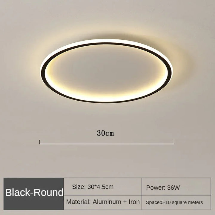 Runde LED-Deckenleuchte in skandinavischem Design, minimalistisch mit warmem Licht, ideal für Wohnraum oder Schlafzimmer.