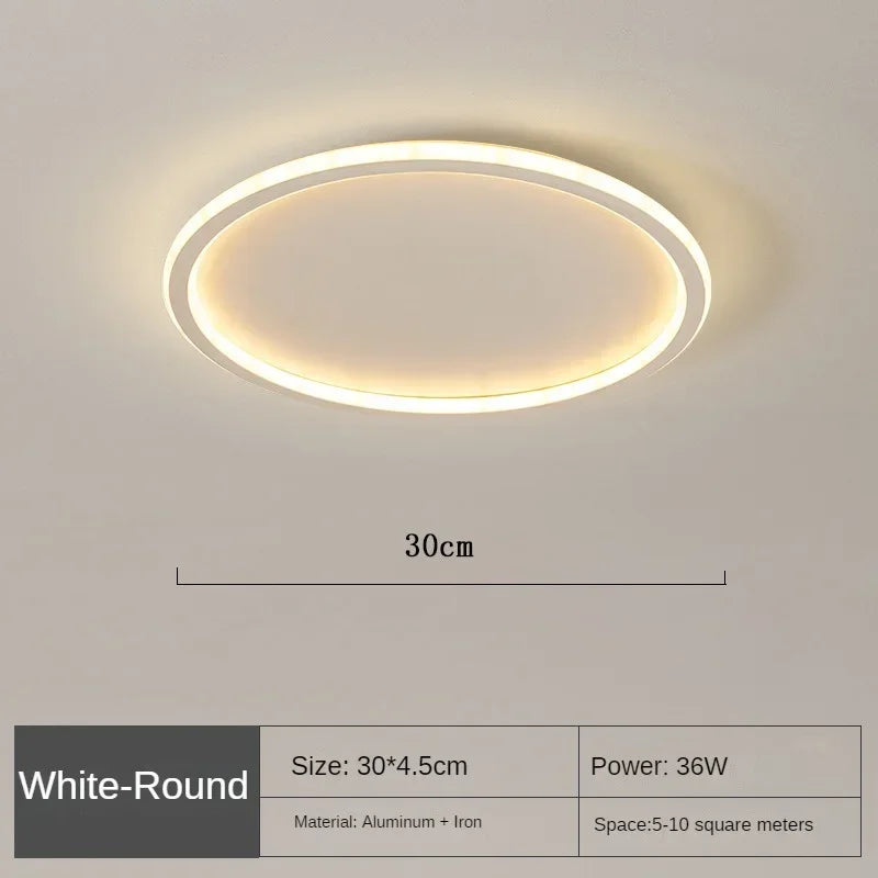 Runde LED-Deckenleuchte in skandinavischem Design, minimalistisch mit warmem Licht, ideal für Wohnraum oder Schlafzimmer.