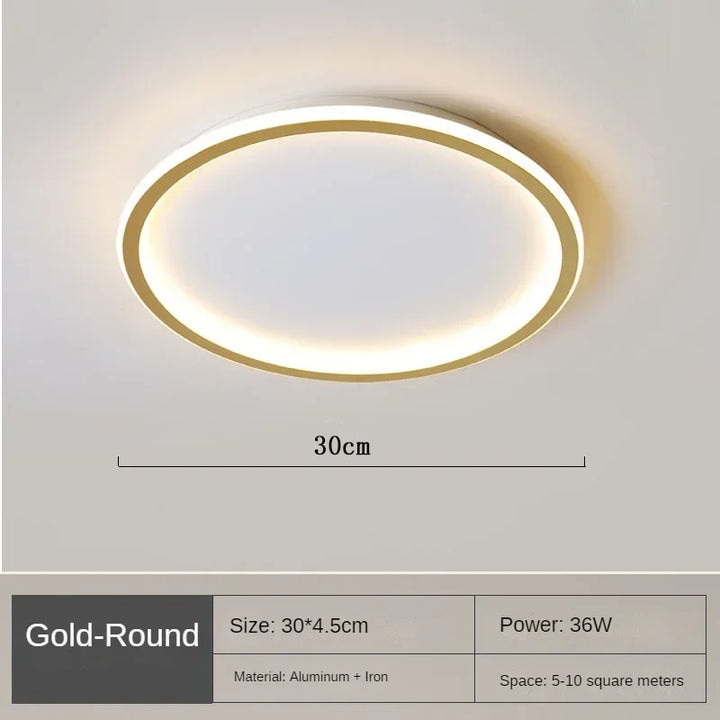 Runde LED-Deckenleuchte in skandinavischem Design, minimalistisch mit warmem Licht, ideal für Wohnraum oder Schlafzimmer.