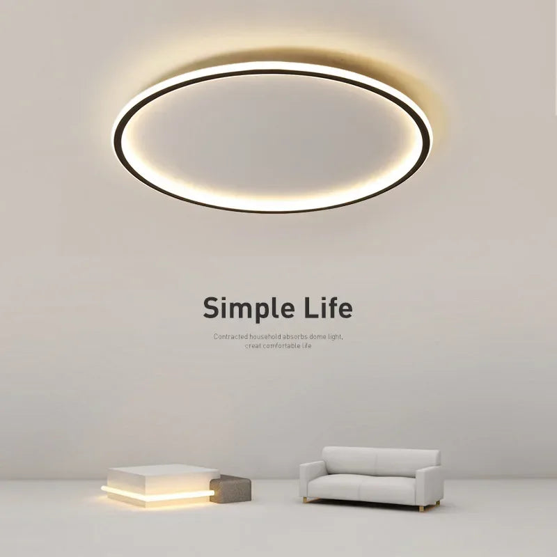 Runde LED-Deckenleuchte in skandinavischem Design, minimalistisch mit warmem Licht, ideal für Wohnraum oder Schlafzimmer.