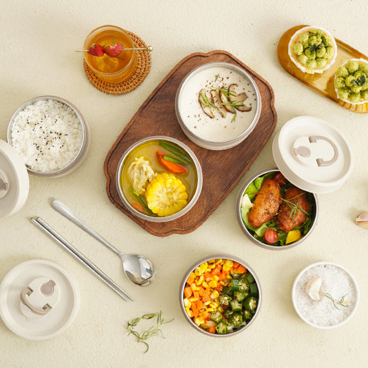 "Runde, mehrschichtige ThermoBox Lunchbox, stapelbar, mit Deckel in stilvollem Design, ideal für unterwegs"