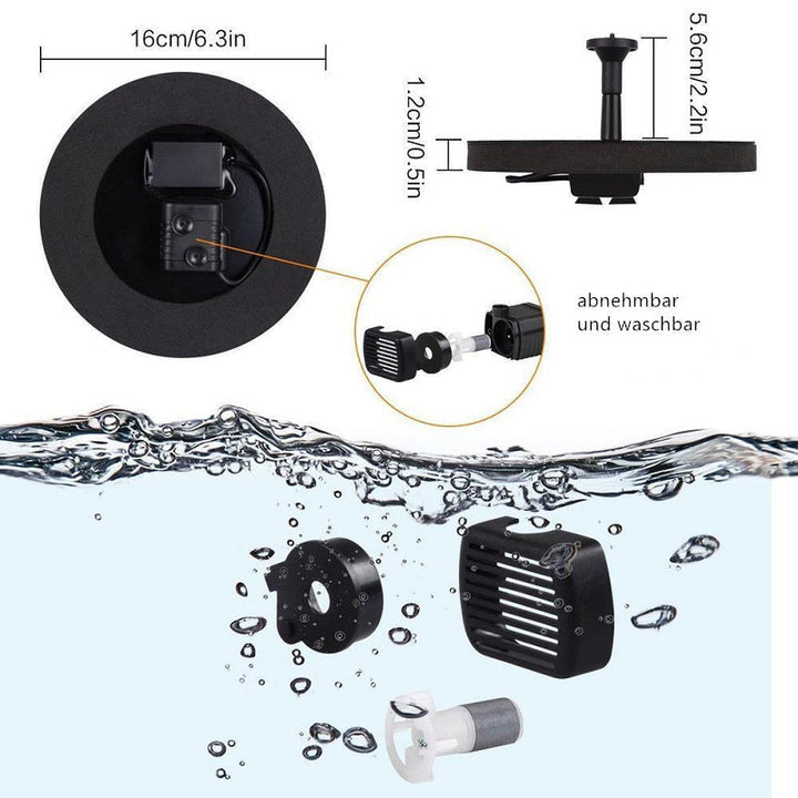 "Runde solare Springbrunnenpumpe für Garten, mit 4 Düsen, umweltfreundlich, einfache Installation, ideal für Teiche."