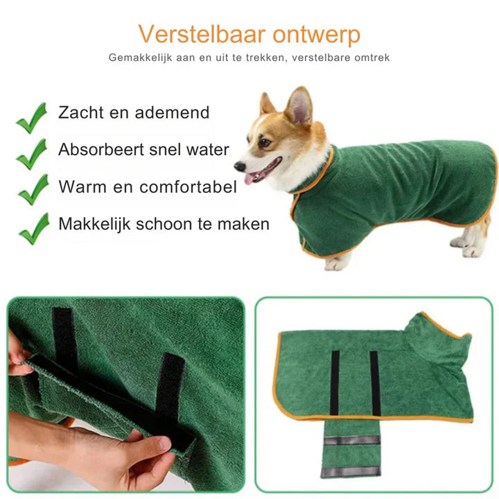 "Saugstarker Hundebademantel aus Mikrofaser in Blau, Braun, Gelb, Grau oder Grün, perfekt für nasse Hunde."