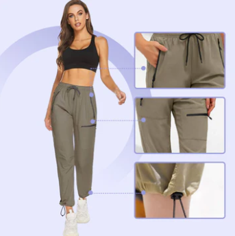"Schnelltrocknende Damen Cargo Wanderhose, leicht, beige, Taschen, ideal für Outdoor-Aktivitäten und Alltag."