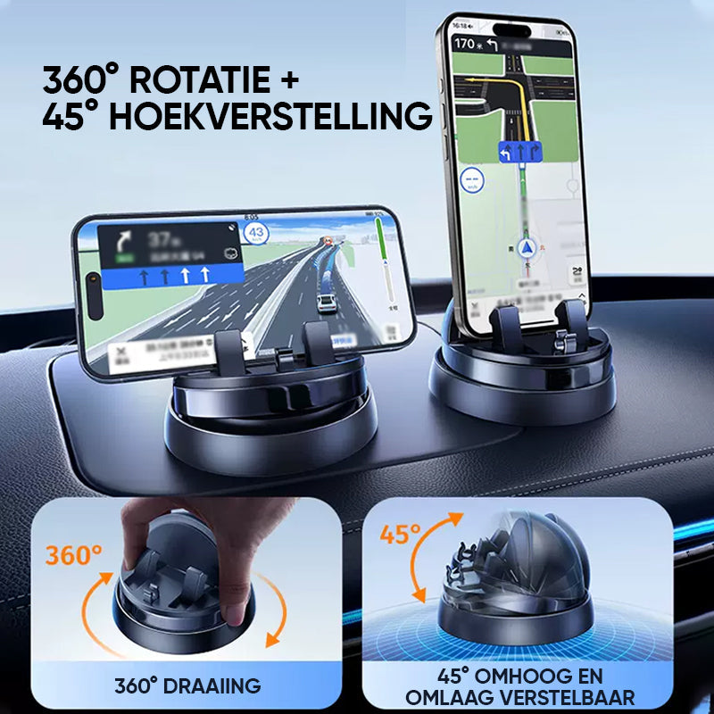 "Schwarze 360° Handyhalterung fürs Auto, flexibel, sicher, mit rutschfester Basis und universeller Kompatibilität."