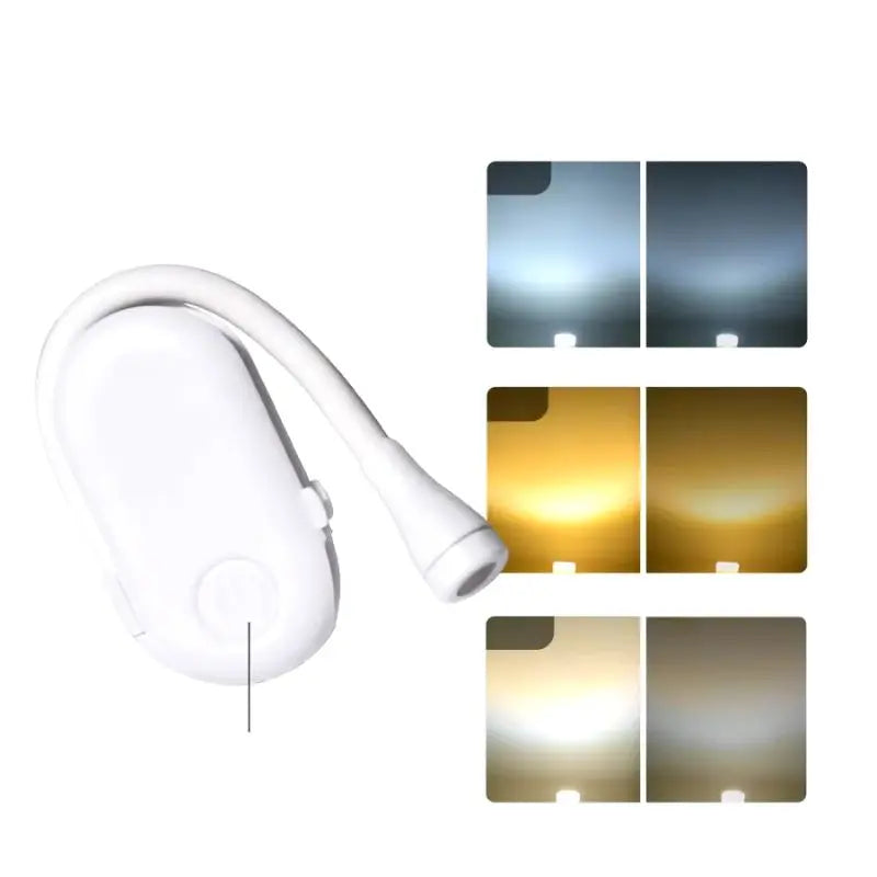 "Schwarze, flexible Leselampe mit 360°-Rotation, wiederaufladbarem Buchclip und dimmbaren LEDs ideal fürs Lesen."