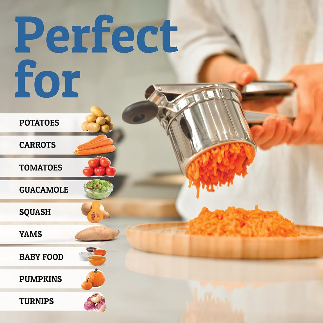 Schwerer Edelstahl Kartoffelstampfer seitlich, ideal für samtiges Kartoffelpüree, ergonomisches Design, robust und langlebig.