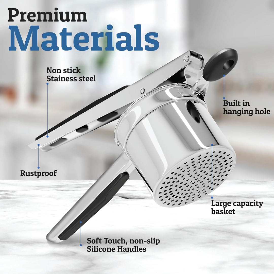 Schwerer Edelstahl Kartoffelstampfer seitlich, ideal für samtiges Kartoffelpüree, ergonomisches Design, robust und langlebig.