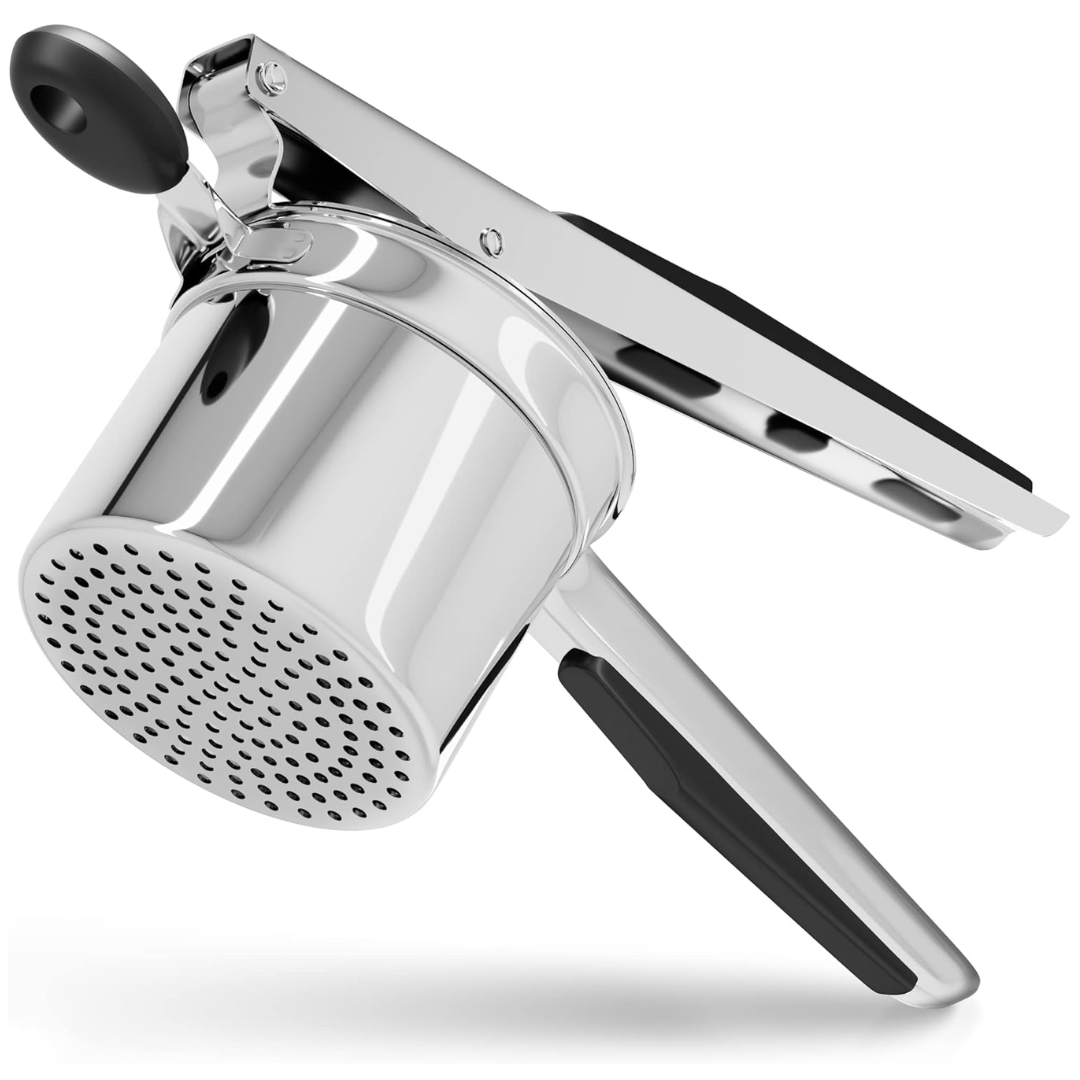 Schwerer Edelstahl Kartoffelstampfer seitlich, ideal für samtiges Kartoffelpüree, ergonomisches Design, robust und langlebig.