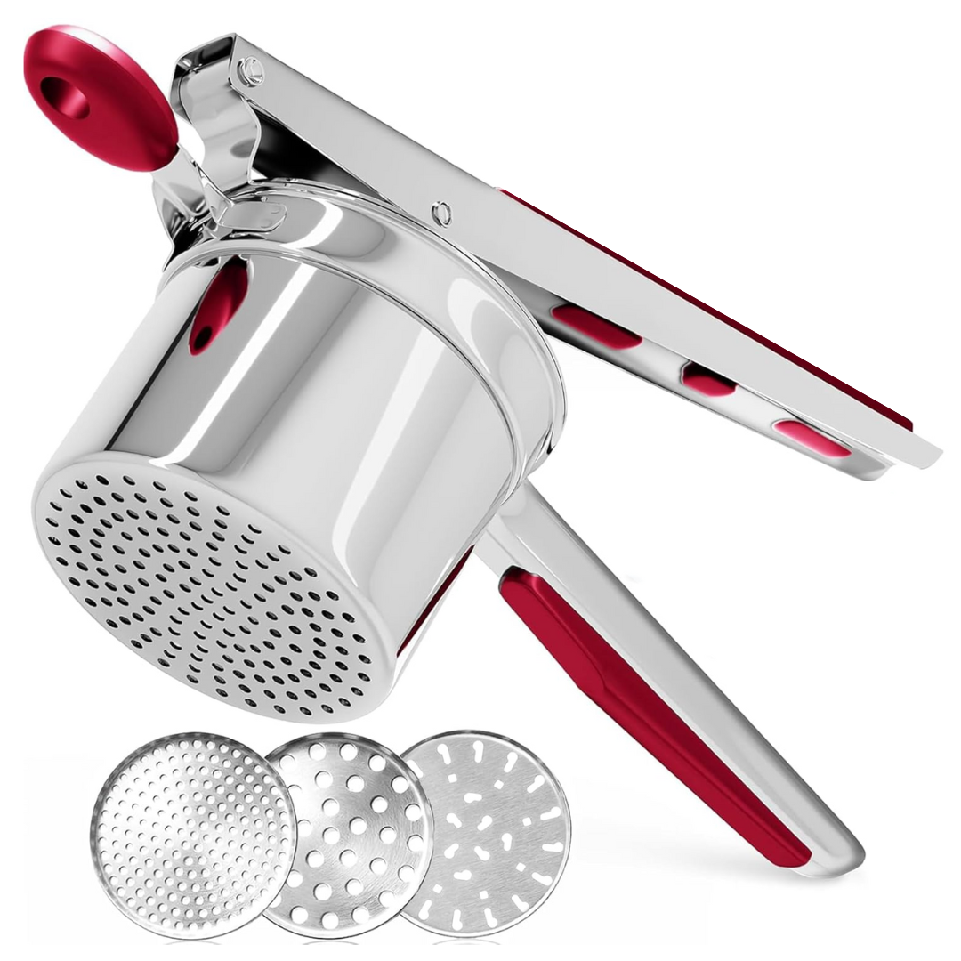 Schwerer Edelstahl Kartoffelstampfer seitlich, ideal für samtiges Kartoffelpüree, ergonomisches Design, robust und langlebig.