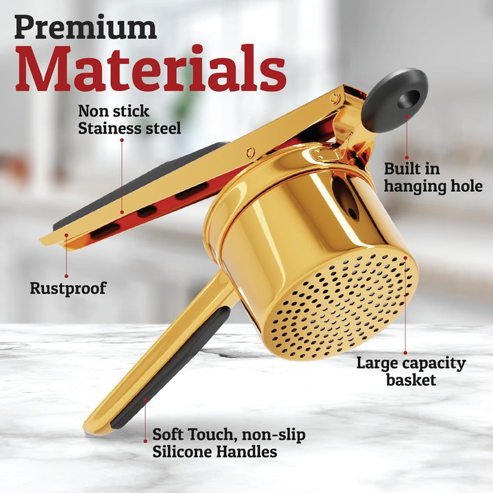 Schwerer Edelstahl Kartoffelstampfer seitlich, ideal für samtiges Kartoffelpüree, ergonomisches Design, robust und langlebig.