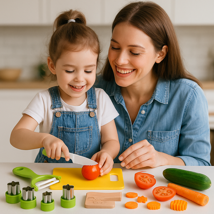 "Sicheres Kinder-Küchen-Set mit bunten Werkzeugen, ideal für kleine Hände zum spielerischen Kochen und Lernen."