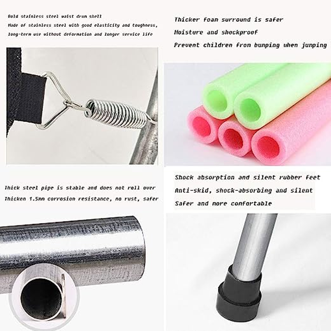 "Sicheres Kindertrampolin mit robustem Rahmen, Schutzrand und Netz; ideal für draußen, geeignet bis 100 kg, einfach montierba